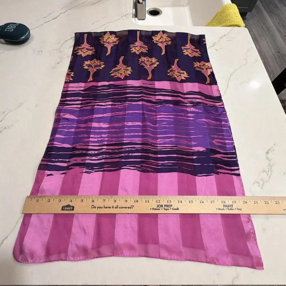 Silk Pink Purple Floral Oblong Scarf Spring Easter Boho Chic Colorful Handrolled